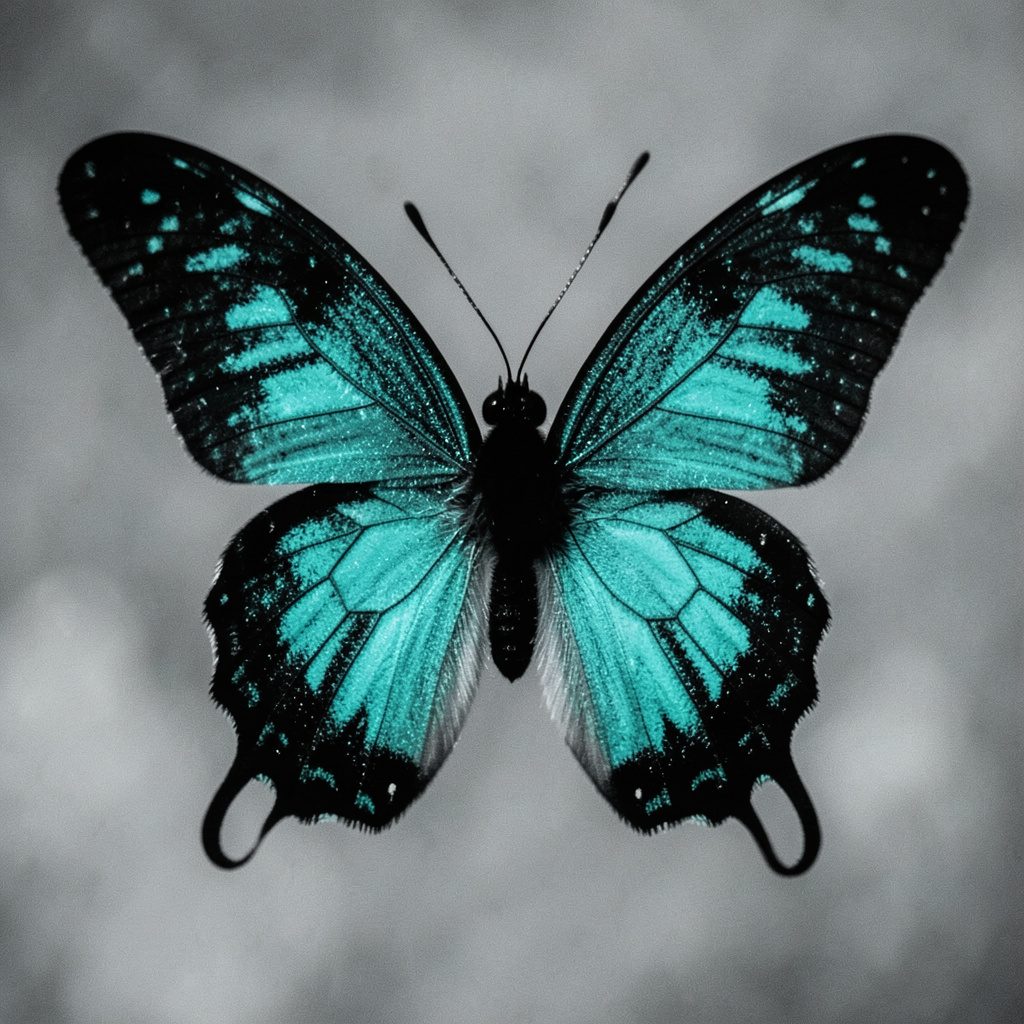 Duotone photograph of a paper butterfly pinned to a wall, soft cream paper against a deep slate background.